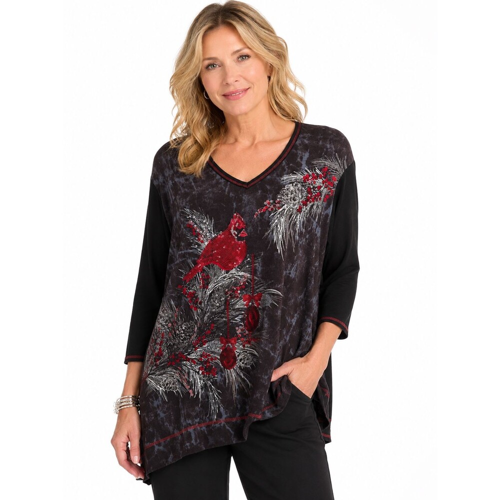 Onque Casual Top Size 1x Cardinal Bird Print Sequins Ornaments Holiday Winter